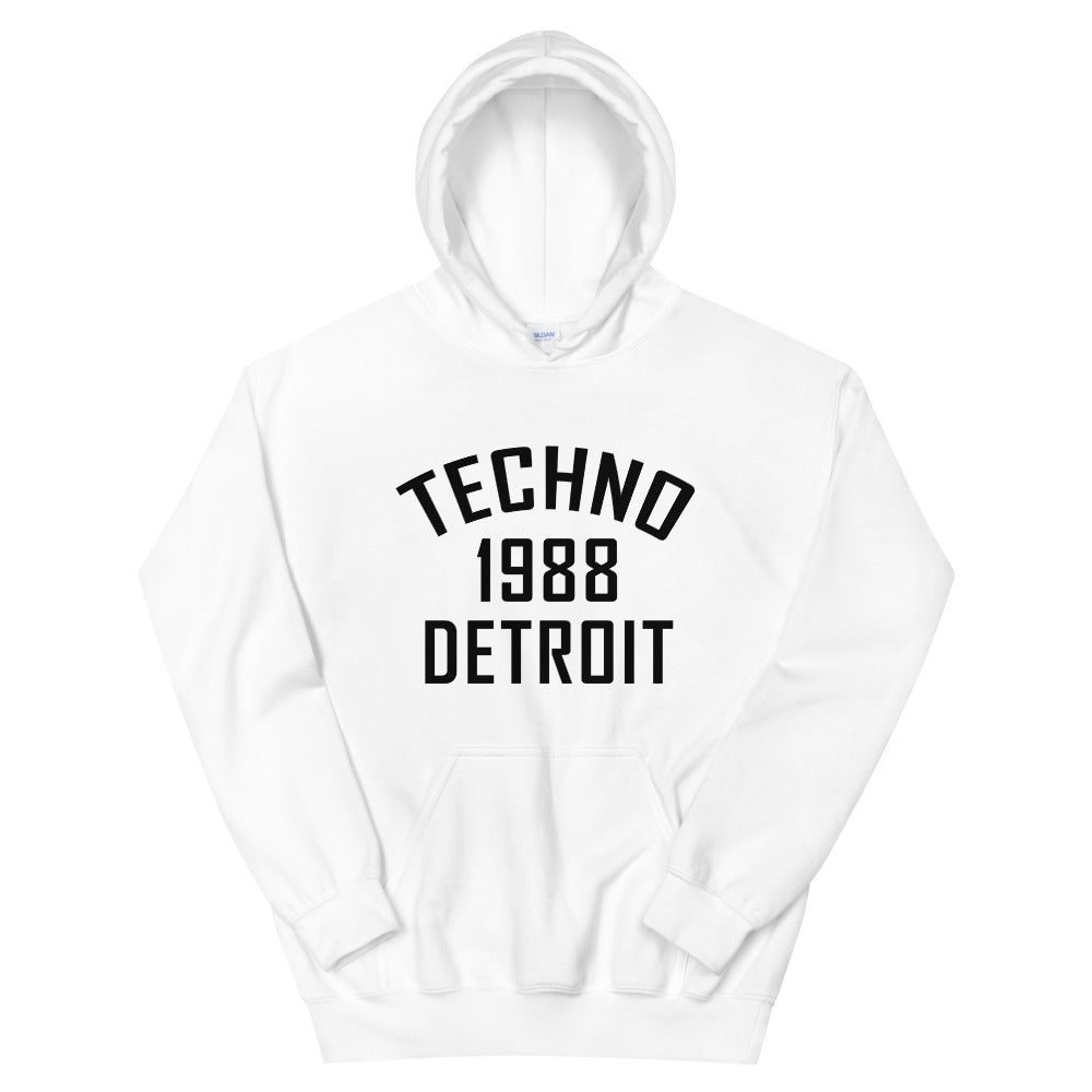 Unisex Techno Hoodie '1988 Chicago' design in white, front view