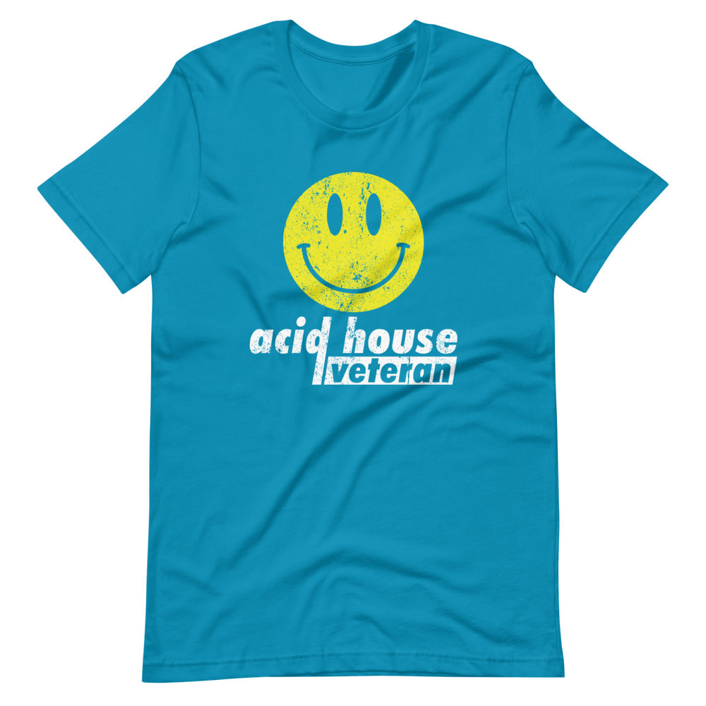 Unisex Acid House T-shirt 'Acid House Veteran' design in aqua, front view