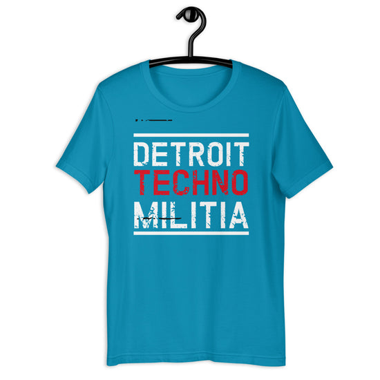Unisex Techno T-shirt 'Detroit Techno Militia' design in aqua, front view