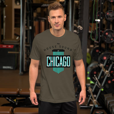 Unisex House Music T-shirt 'House Sound of Chicago' design in army, front view