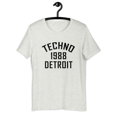Unisex Techno T-shirt '1988 Detroit' design in athletic heather, front view