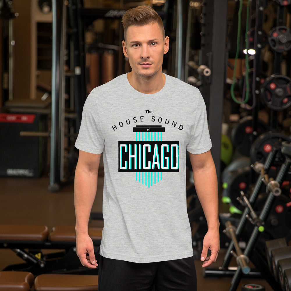 Unisex House Music T-shirt 'House Sound of Chicago' design in athletic heather, front view