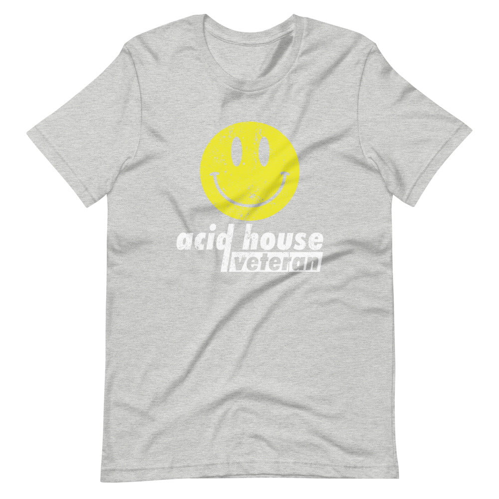 Unisex Acid House T-shirt 'Acid House Veteran' design in athletic heather, front view