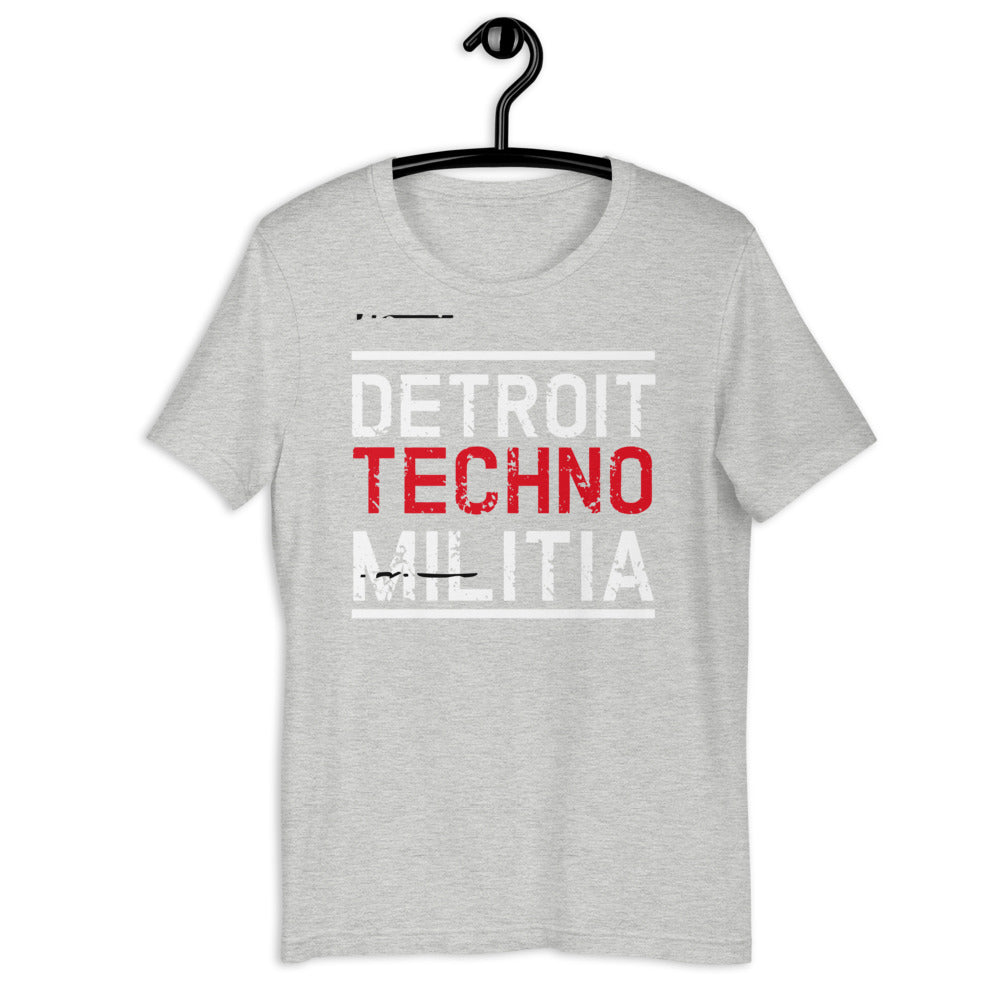 Unisex Techno T-shirt 'Detroit Techno Militia' design in athletic heather, front view