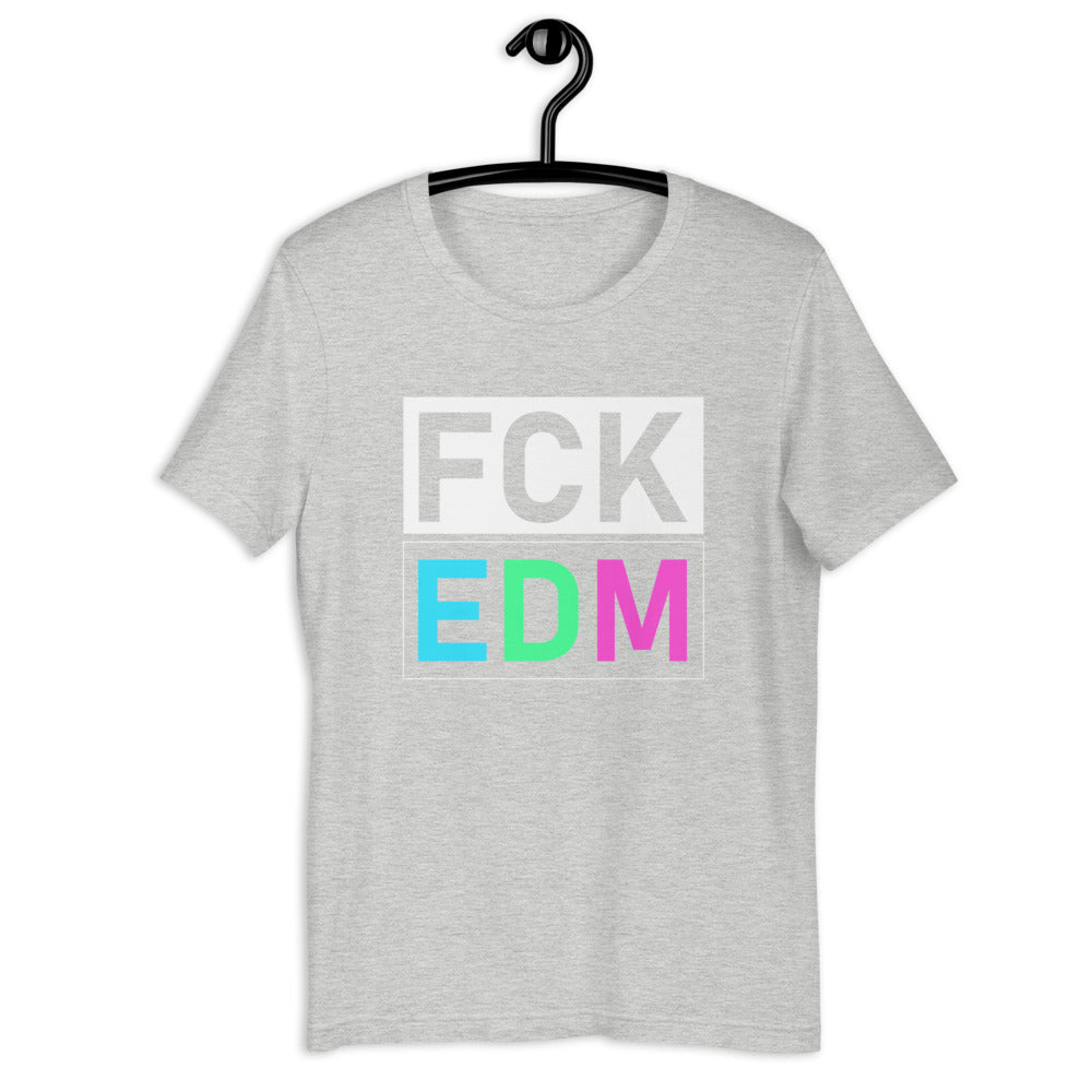 Unisex DJ T-shirt 'FCK EDM' design in athletic heather, front view