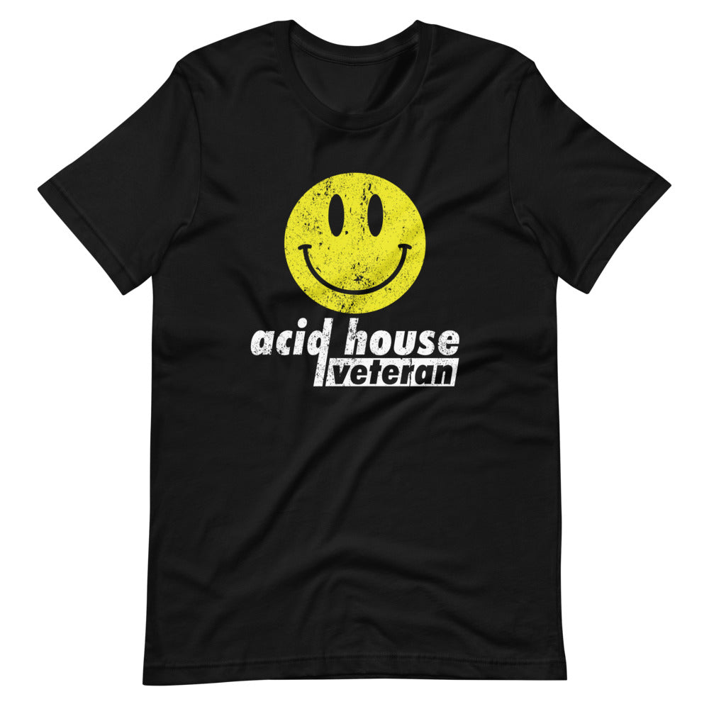 Unisex Acid House T-shirt 'Acid House Veteran' design in black, front view