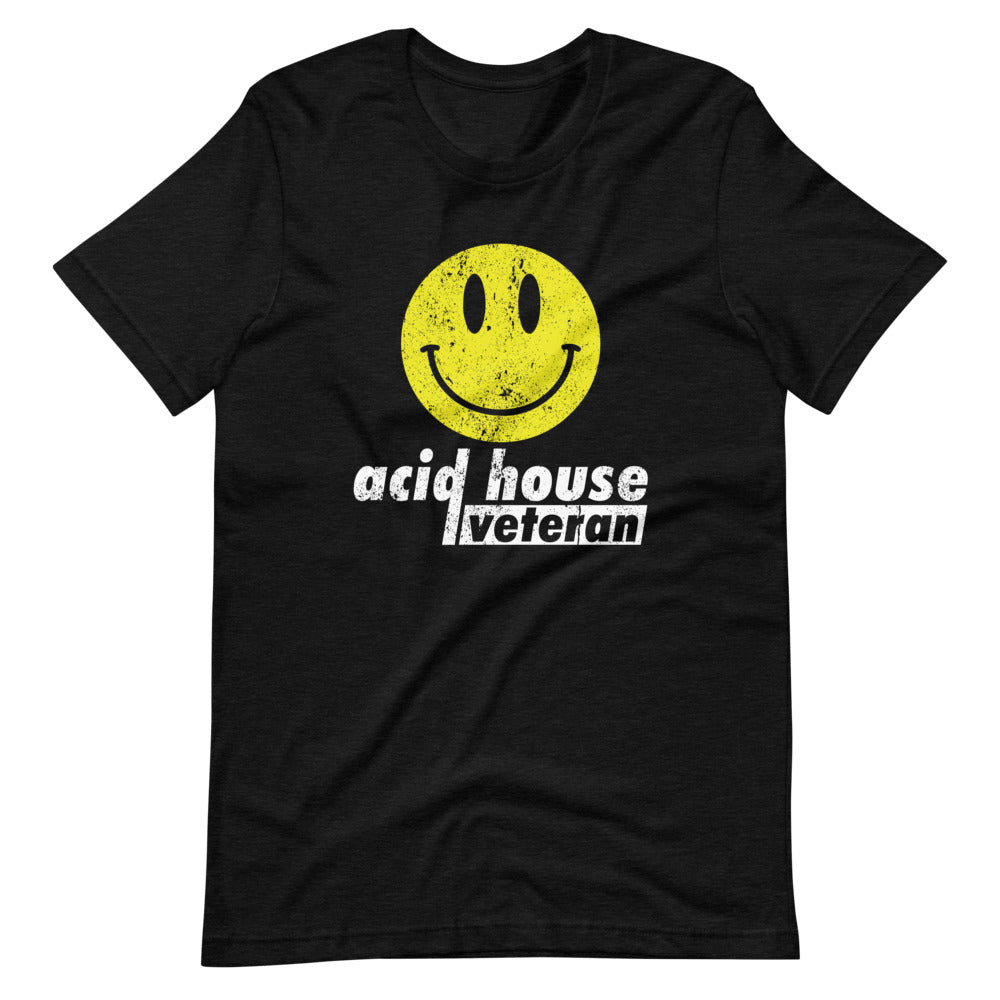 Unisex Acid House T-shirt 'Acid House Veteran' design in black heather, front view