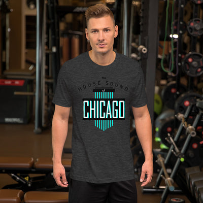 Unisex House Music T-shirt 'House Sound of Chicago' design in dark grey heather, front view