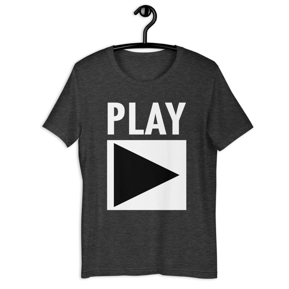 Unisex DJ T-shirt 'Play' design in dark grey heather, front view