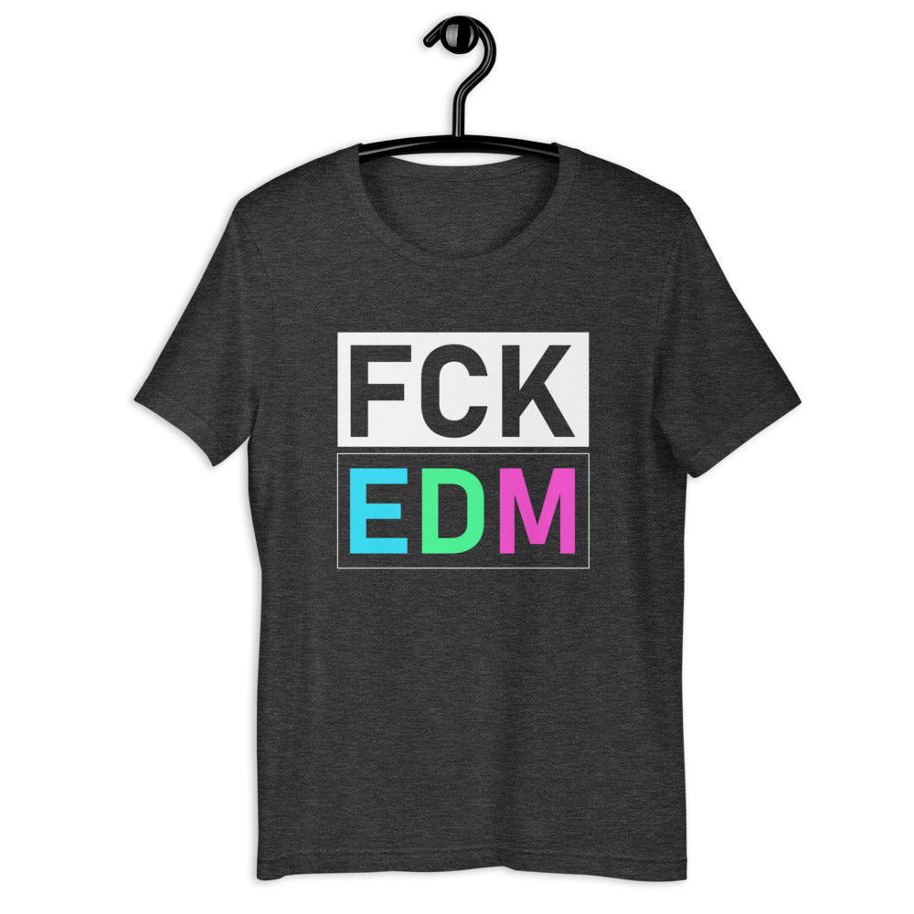 Unisex DJ T-shirt 'FCK EDM' design in dark grey heather, front view