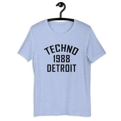 Unisex Techno T-shirt '1988 Detroit' design in heather blue, front view