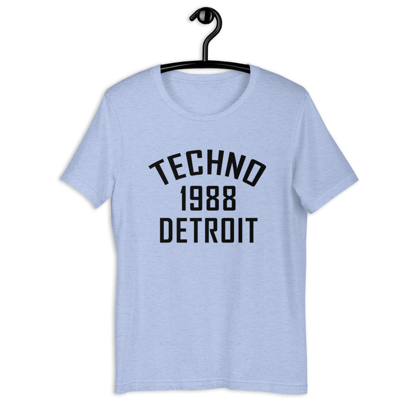 Unisex Techno T-shirt '1988 Detroit' design in heather true royal, front view