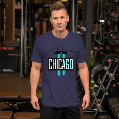 Unisex House Music T-shirt 'House Sound of Chicago' design in heather midnight navy, front view