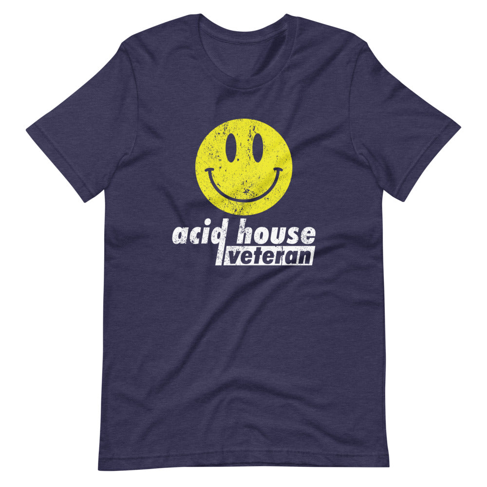 Unisex Acid House T-shirt 'Acid House Veteran' design in heather midnight navy, front view