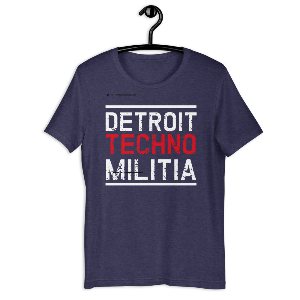 Unisex Techno T-shirt 'Detroit Techno Militia' design in heather midnight navy, front view