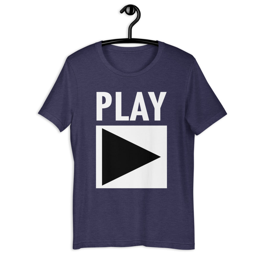 Unisex DJ T-shirt 'Play' design in heather midnight navy, front view