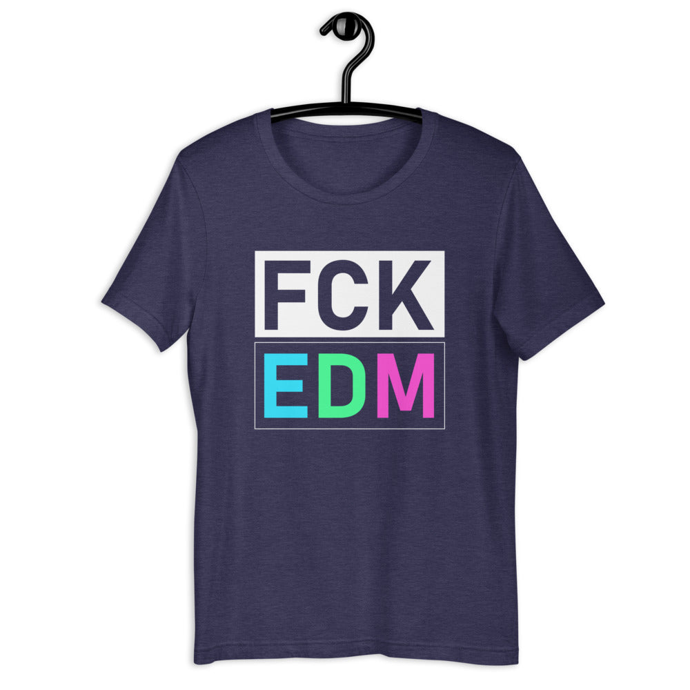 Unisex DJ T-shirt 'FCK EDM' design in heather midnight navy, front view