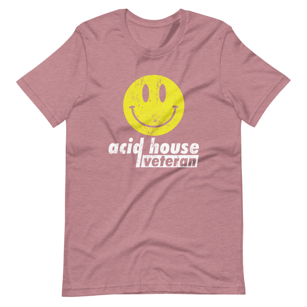 Unisex Acid House T-shirt 'Acid House Veteran' design in heather orchid, front view