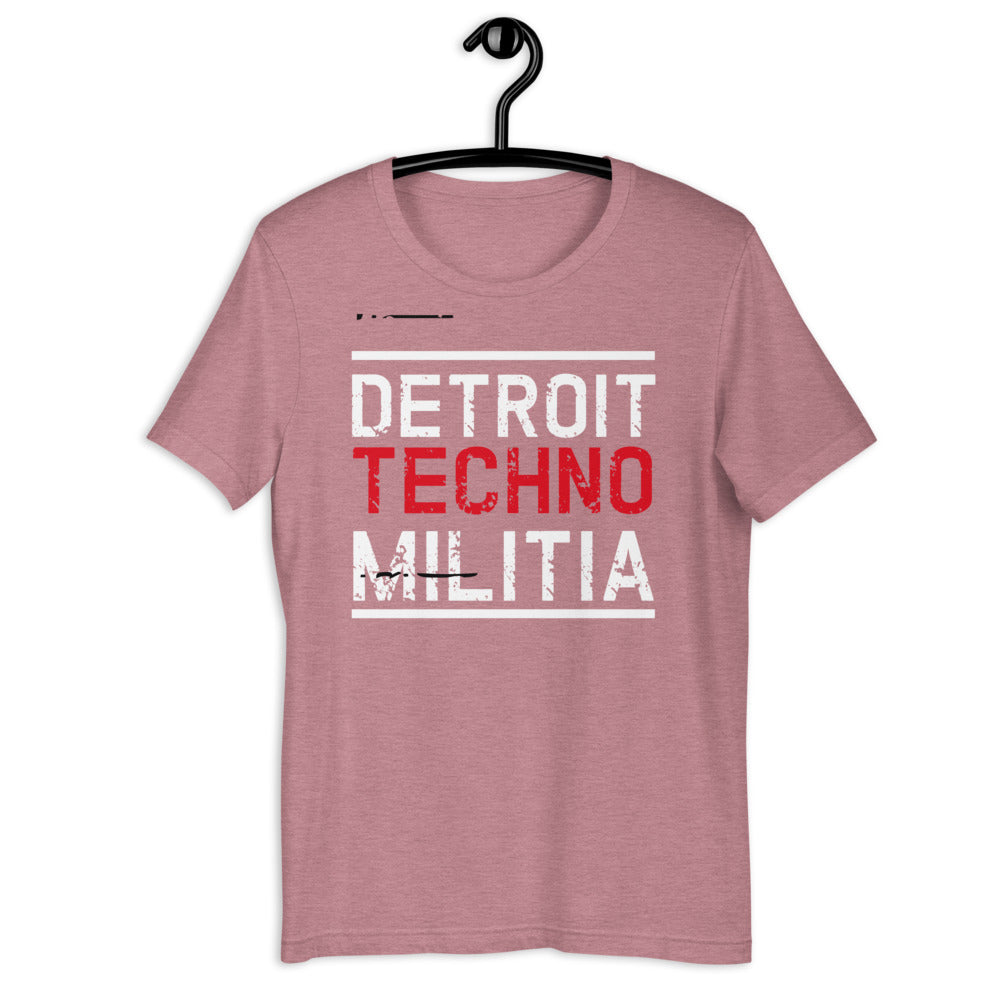 Unisex Techno T-shirt 'Detroit Techno Militia' design in heather orchid, front view