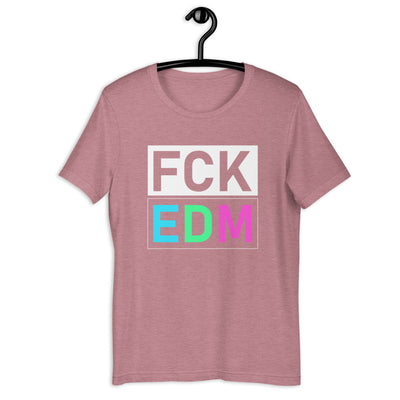 Unisex DJ T-shirt 'FCK EDM' design in heather orchid, front view