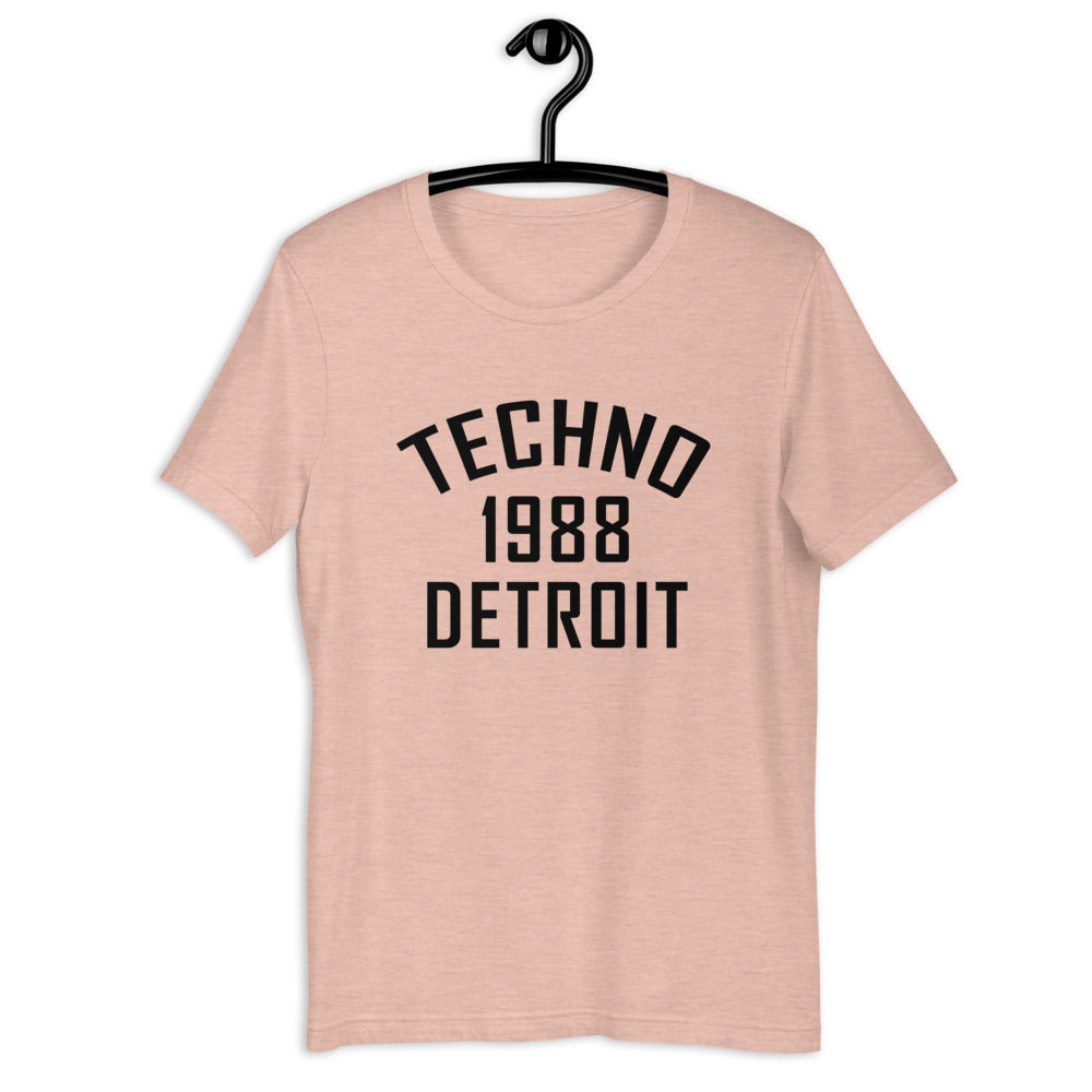 Unisex Techno T-shirt '1988 Detroit' design in heather prism peach, front view