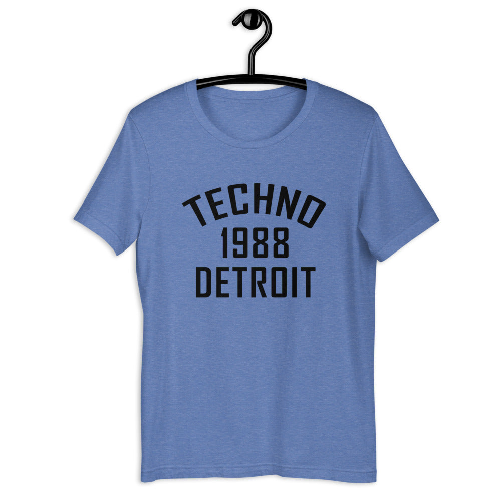 Unisex Techno T-shirt '1988 Detroit' design in heather true royal, front view