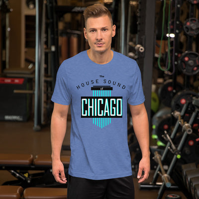 Unisex House Music T-shirt 'House Sound of Chicago' design in heather true royal, front view