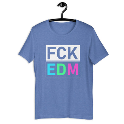 Unisex DJ T-shirt 'FCK EDM' design in heather true royal, front view