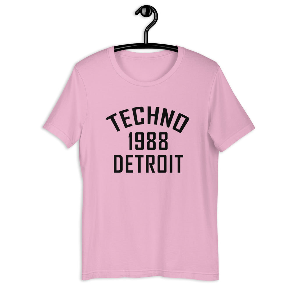 Unisex Techno T-shirt '1988 Detroit' design in lilac, front view
