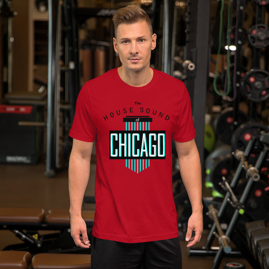 Unisex House Music T-shirt 'House Sound of Chicago' design in red, front view