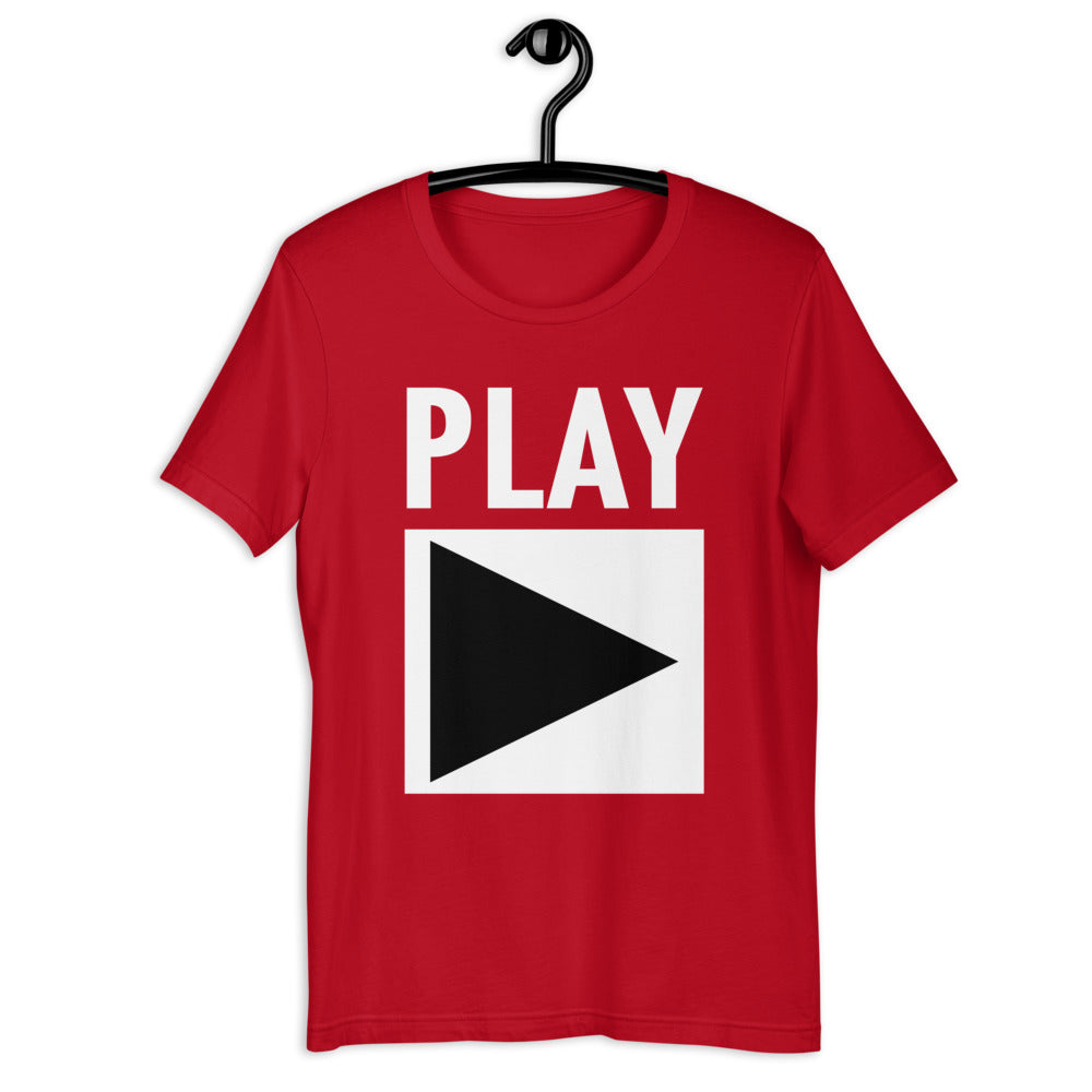 Unisex DJ T-shirt 'Play' design in red, front view