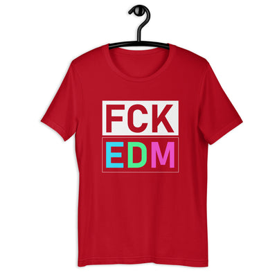 Unisex DJ T-shirt 'FCK EDM' design in red, front view