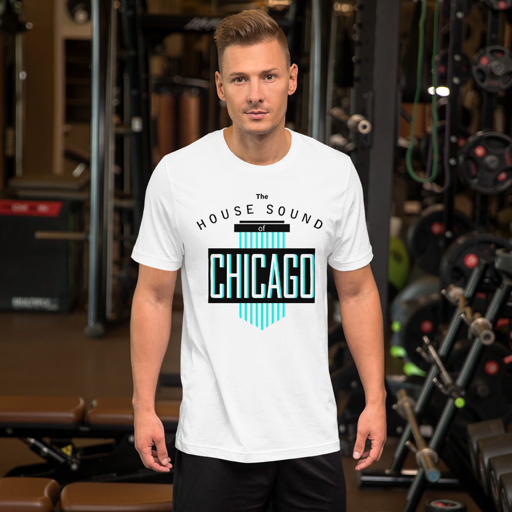 Unisex House Music T-shirt 'House Sound of Chicago' design in white, front view