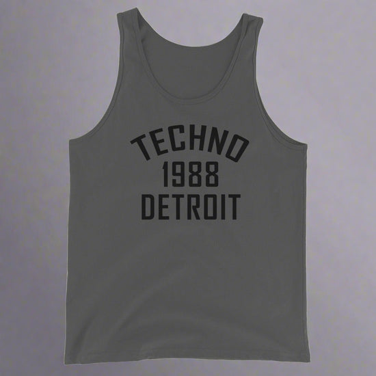 Unisex Techno Tank Top '1988 Detroit' design in asphalt, front view