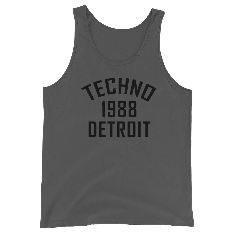 Unisex Techno Tank Top '1988 Detroit' design in asphalt, front view