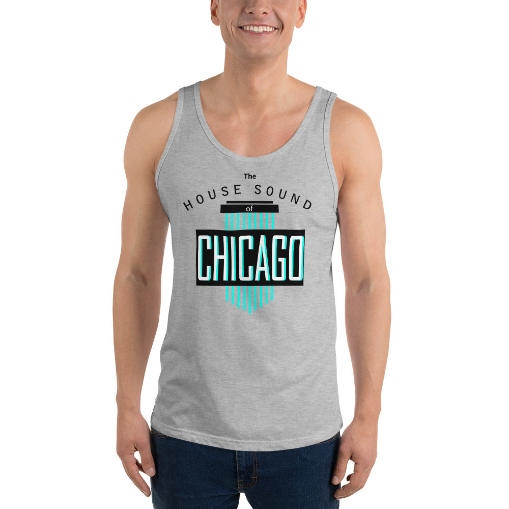 Unisex House Music Tank Top 'House Sound of Chicago' design in athletic heather, front view