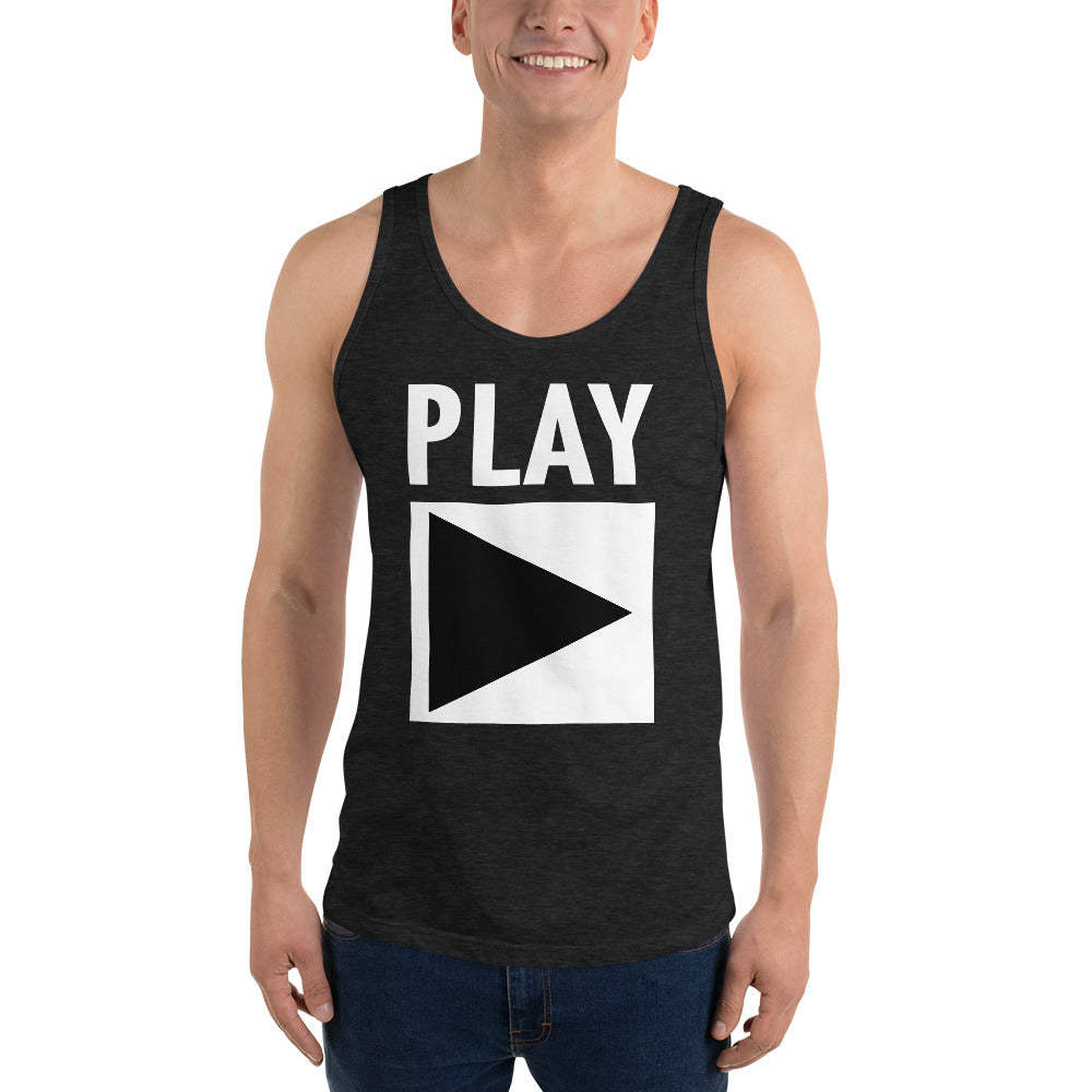 Unisex DJ Tank Top 'Play' design in charcoal black triblend, front view