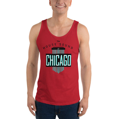 Unisex House Music Tank Top 'House Sound of Chicago' design in red, front view