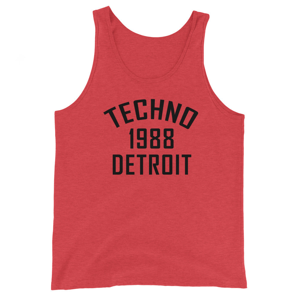 Unisex Techno Tank Top '1988 Detroit' design in red triblend, front view