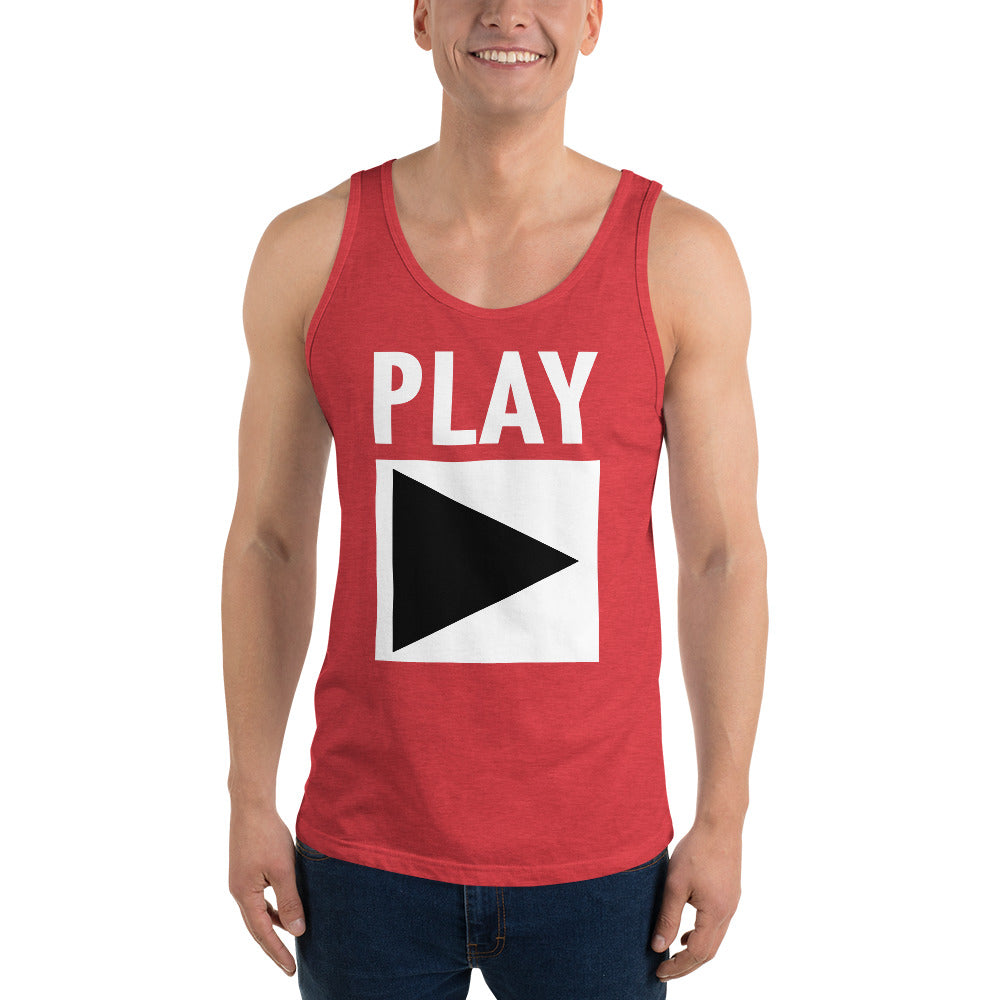 Unisex DJ Tank Top 'Play' design in red triblend, front view