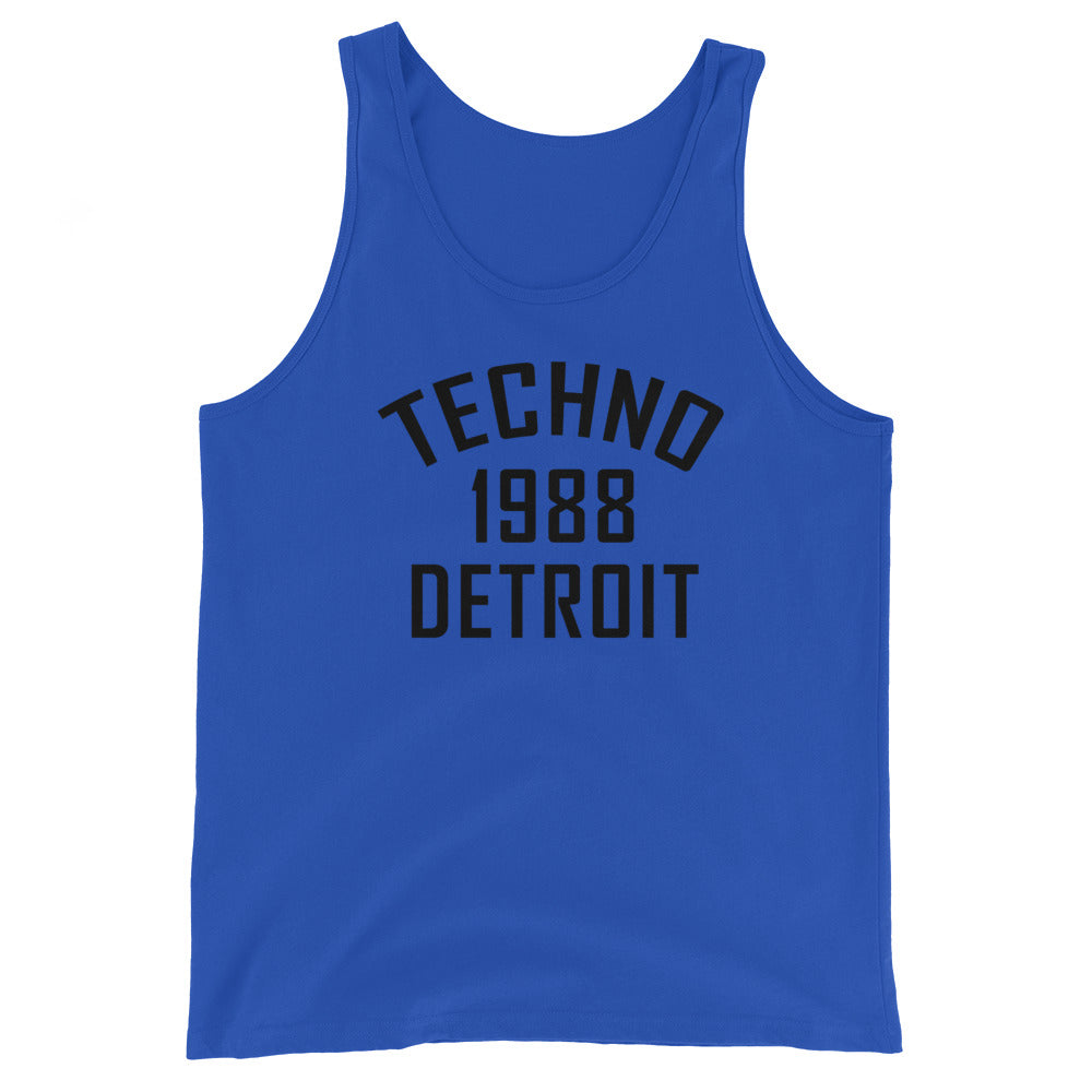 Unisex Techno Tank Top '1988 Detroit' design in true royal, front view