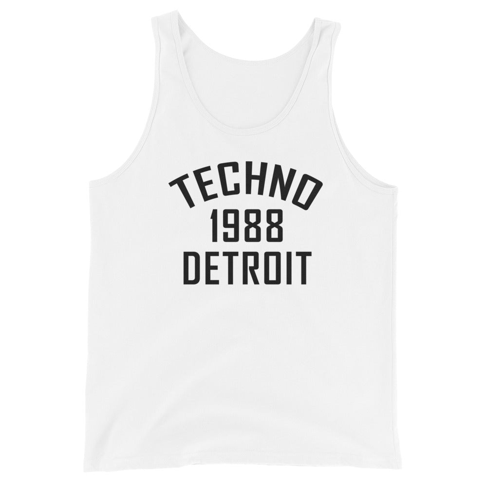 Unisex Techno Tank Top '1988 Detroit' design in white, front view