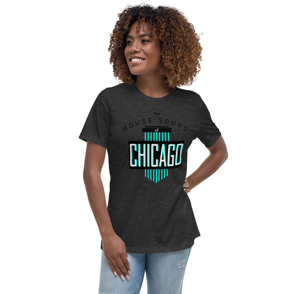 Ladie's Relaxed Fit House Music T-Shirt 'House Sound of Chicago' design in dark grey heather, front view