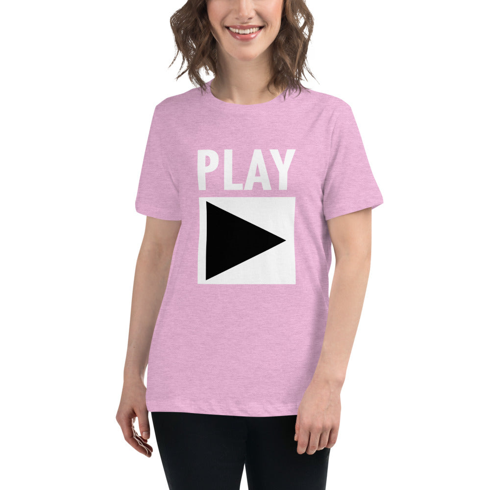 Ladie's Relaxed Fit DJ T-Shirt 'Play' design in heather prism lilac, front view