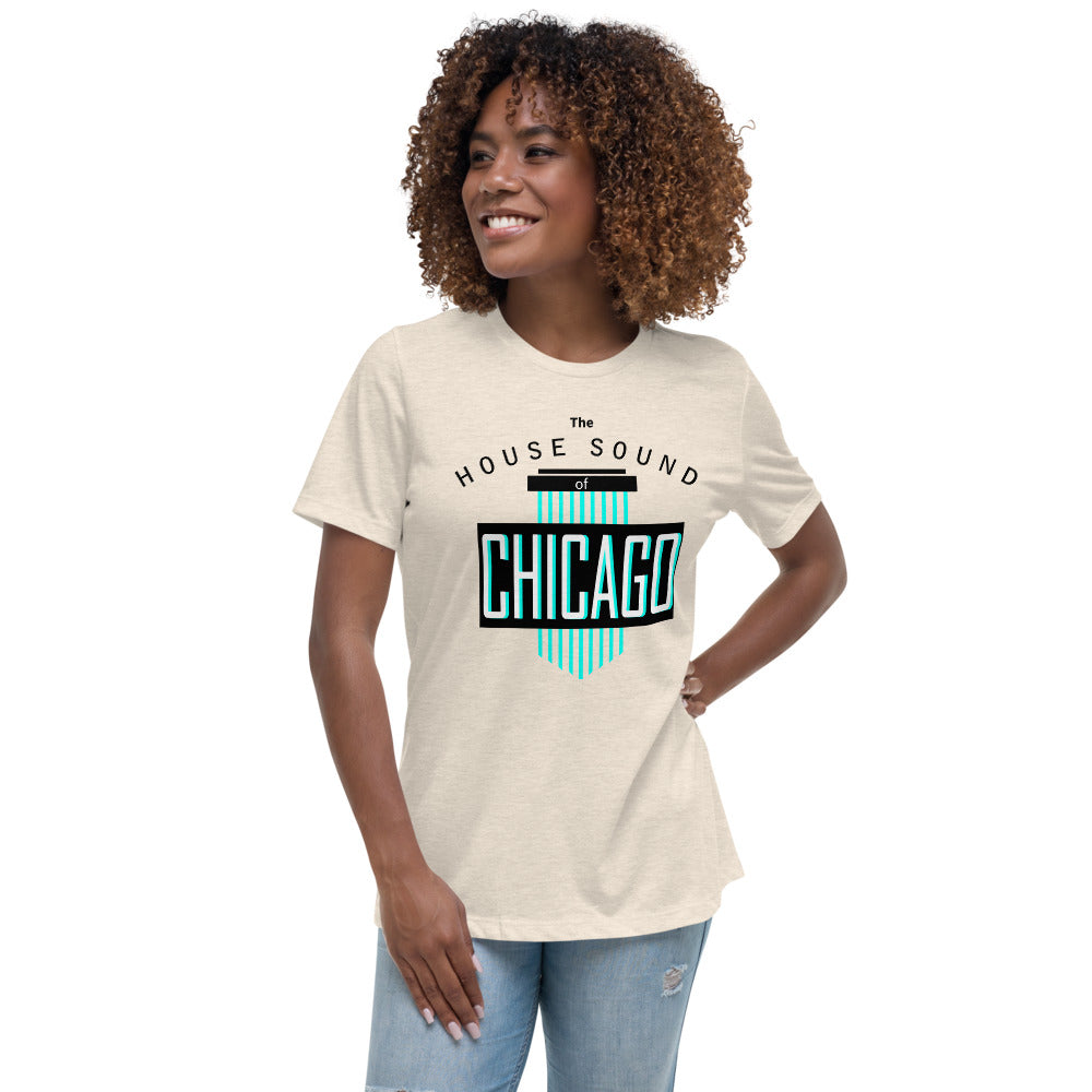Ladie's Relaxed Fit House Music T-Shirt 'House Sound of Chicago' design in heather prism natural, front view