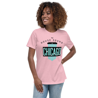 Ladie's Relaxed Fit House Music T-Shirt 'House Sound of Chicago' design in pink, front view