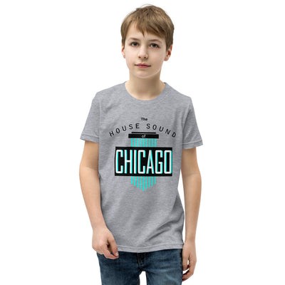 Youth House Music T-Shirt 'House Sound of Chicago' design in athletic heather, front view