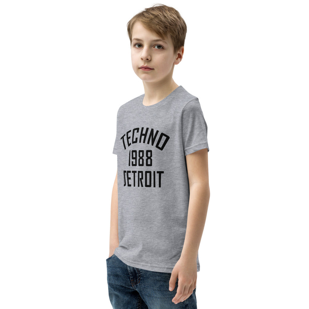 Youth Techno T-Shirt '1988 Detroit' design in athletic heather, front view
