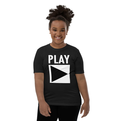 Youth DJ T-Shirt 'Play' design in black, front view