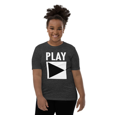 Youth DJ T-Shirt 'Play' design in dark grey heather, front view